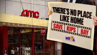The front of an AMC theater with a rally sign protesting the closure of New York City's Kips Bay AMC | Tessa Bury/Wiki Commons/harveyforny/Instagram