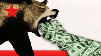 a bear vomits out U.S. dollars against the background of the California state flag | Helistockter/Dreamstime/Midjourney/Fatima Ruiz