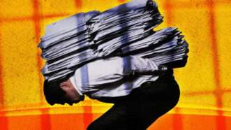 A person holding a big pile of papers and files on their back | Illustration: Midjourney/Fatima Ruiz.