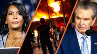 Former Atlanta Mayor Keisha Lance Bottoms, protesters in front of a burning structure, and Rick Jackson | Robin Rayne/Phil Mistry/ZUMAPRESS/PPI/ZUMA Press/Newscom