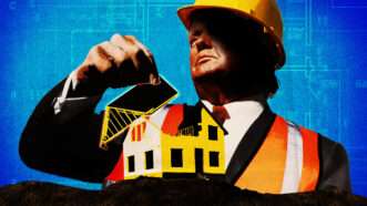 A blue background with a digital rendering of Trump in construction safety equipment picking up the roof off a house | Aquasnail/Julian Antony/Mrtwister/Dreamstime/Midjourney/Fatima Ruiz.