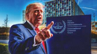 President Donald Trump and the International Criminal Court in the background | Illustration: CNP / MediaPunch / MEGA / Newscom/YBDAN/Newscom/Milos Ruzicka/Dreamstime
