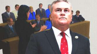 Rep. James Comer and illustration of a jury behind him | Tom Williams/CQ Roll Call/Newscom