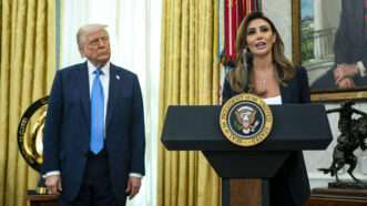 President Trump on the left and his former lawyer Alina Habba, on the right | Bonnie Cash - Pool via CNP / MEGA / Newscom/RSSIL/Newscom