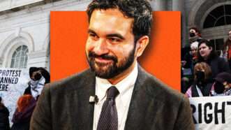 A photo of Zohran Mamdani wearing a suit, in front of a orange square, with a different photo of a protest happening behind him. | Admedia, Inc/Porter/AdMedia/Sipa USA/Gina M Randazzo/ZUMAPRESS/Newscom