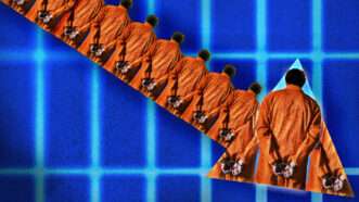 inmates in orange form a downward arrow against a blue background | Photographerlondon/Wuka/Dreamstime/Fatima Ruiz.