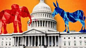 The Capitol building, with a red origami elephant and blue origami donkey on either side | Splosh/Skypixel/Dreamstime/Fatima Ruiz