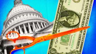 U.S. Capitol building in the background and a pair of scissors cutting a dollar | Tupungato/Thyrymn/Dreamstime/Midjourney/Fatima Ruiz.