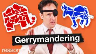 Andrew Heaton in a white suit and eye patch. Next to him are a GOP elephant and Democrat donkey made from gerrymandered districts. | Adani Samat
