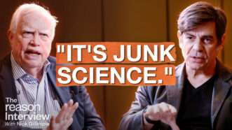 Dr. James Heckman appears on the left. Nick Gillespie appears on the right. Bold text appears in the center that reads "IT'S JUNK SCIENCE." | Illustration: Fatima Ruiz