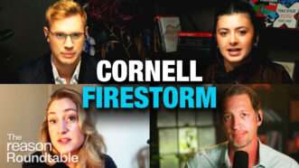 Robby Soave appears in the upper left corner. Liz Wolfe appears in the lower left corner. Reem Ibrahim appears in the upper right corner. Zach Weissmueller appears in the lower right corner. Bold text in the center of the screen reads "CORNELL FIRESTORM." | Illustration: Fatima Ruiz