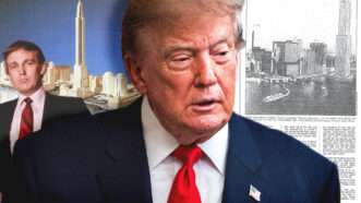 Donald Trump in the 1980s and now against a backdrop of skyscraper renderings | Illustration: Adani Samat | Photo: Album/sfgp/Aaron Schwartz/Pool via CNP/Picture Alliance/Consolidated News Photos/Newscom/Newspaper.com