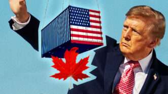 a shipping container and a maple leaf with President Donald Trump in the background | Molly Riley/B66/Avalon/Newscom/Skypixel/Dreamstime