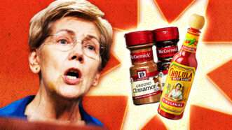 Massachusetts Senator Elizabeth Warren and bottles of condiments | Samuel Corum/Sipa USA/Newscom/Viennetta/Dreamstime/Cinnamonspice241/Wiki Commons/Fatima Ruiz.