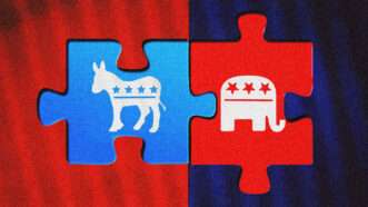 Two puzzle pieces fit together, one with a Democratic donkey and the other with a Republican elephant. | Illustration: Peter Kovac/Mishkacz/Dreamstime