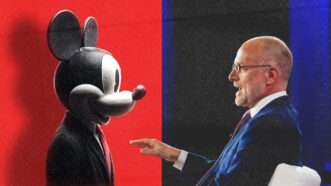 Mickey Mouse on the left against a red background, Brendan Carr on the right against a blue background | Illustration: Lev Radin/ZUMAPRESS/Newscom/Midjourney