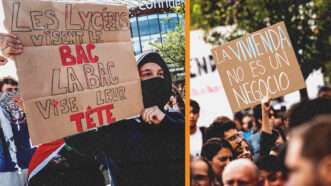 Protesters with signs in France, on the left, and in Spain, on the right | Illustration: David Cruz Sanz/ZUMAPRESS/KONRAD K./SIPA/Newscom