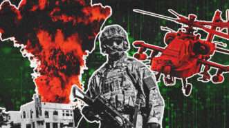 A soldier, a burning building, and a military helicopter | Illustration: imageBROKER/Thomas Fuhrmann/Newscom/Dutchpilot22/Golasza/Blackboard373/Dreamstime