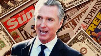 California Gov. Gavin Newsom against the backdrop of multiple newspapers | Kyle Mazza - CNP/Newscom/Thinglass/Thyrymn/Dreamstime