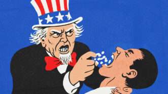 Uncle Sam force feeding a man some pills | Midjourney