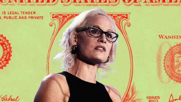 Senator Sinema stands in front of US dollars | Illustration: Lex Villena; Gage Skidmore