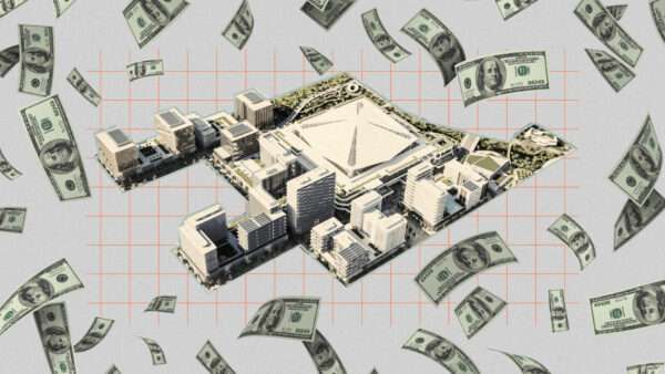 An illustration showing a rendering of proposed Tampa Bay stadium surrounded by $100 bills | Illustration: Lex Villena