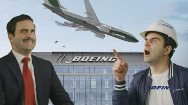 Remy, dressed as a Boeing worker and executive, react to a crashing Boeing plane. | Reason TV
