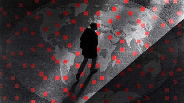 A person in darkened silhouette walks atop a map. | Illustration: Lex Villena; Bob Price