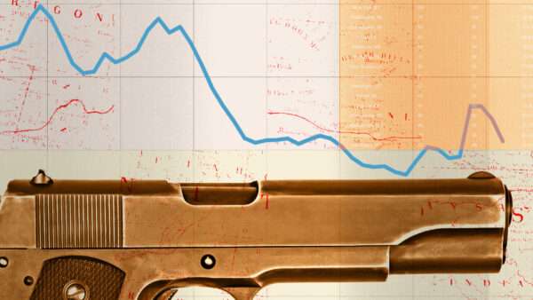 A gun is seen in front of a graph showing the declining murder rate | Illustration Lex Villena; Jeff Asher