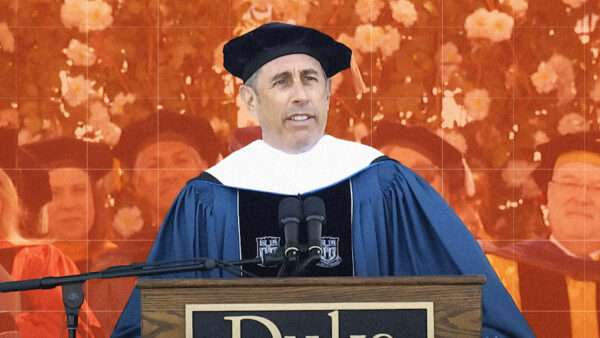 Jerry Seinfeld is seen giving the commencement address at Duke University on May 12 | Screenshot, YouTube