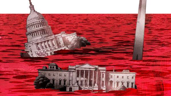 An illustration of federal government buildings drowning in red ink to symbolize debt | Illustration: Joanna Andreasson