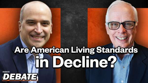 David Leonhardt and John Early against a black and orange background with the words DEBATE and "Are American Living Standards in Decline?" | Graphic by John Osterhoudt