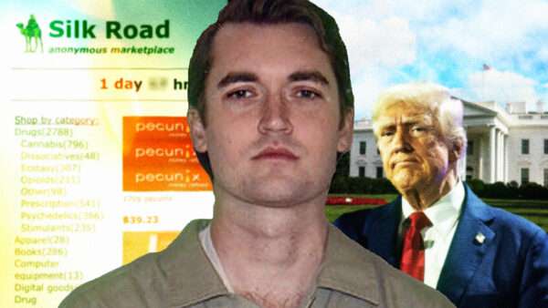 Ross ulbricht over an image of the silk road and Trump | Illustration: Lex Villena