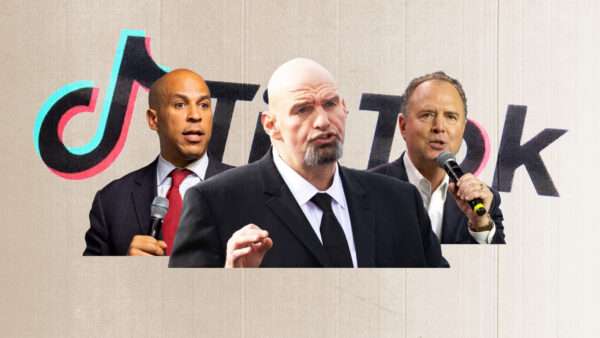 Sens. Cory Booker, John Fetterman, and Adam Schiff, against a backdrop of the TikTok logo. | Illustration: Lex Villena; Sheila Fitzgerald, Governor Tom Wolf, Michael Brochstein/Sipa USA/Newscom