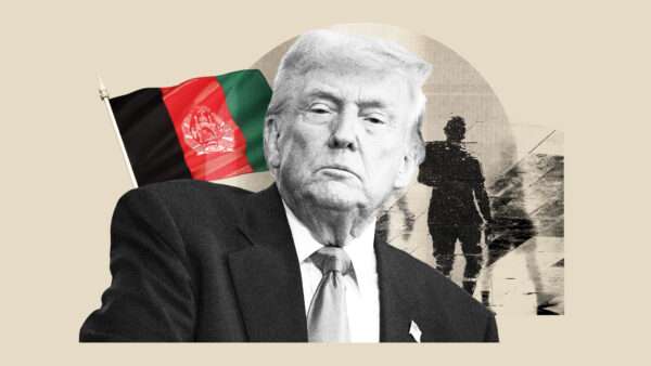 Donald Trump, with the flag of Afghanistan behind him | Illustration: Lex Villena; Bonnie Cash - Pool via CNP/picture alliance / Consolidated News Photos/Newscom, Steve Allen