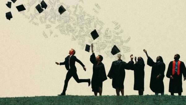 College students with graduation caps and gowns on, with dollar bills in the background | lllustration: Eddie Marshall | Midjourney