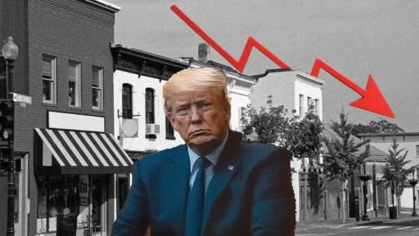 President Trump imposed over a street of small businesses, with a red downward arrow | Illustration: Eddie Marshall | Harperdrewart | Dreamstime.com | Grok