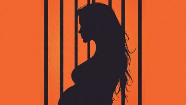 Silhouette of a pregnant woman behind prison bars | Illustration: Eddie Marshall | Midjourney