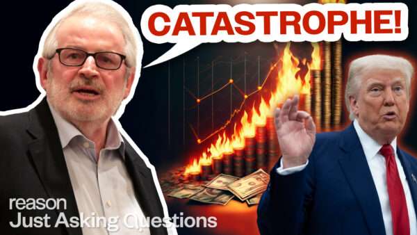 A photo of David Stockman on the left, Trump on the right, fire and a stock graph in the background, the word "Catstrophe!" in red in the upper right corner, and the Just Asking Questions logo in the lower left corner | Graphic by John Osterhoudt; Photos: Chris Kleponis - Pool via CNP/CNP / Polaris/Newscom; Gage Skidmore/creative commons/Flickr