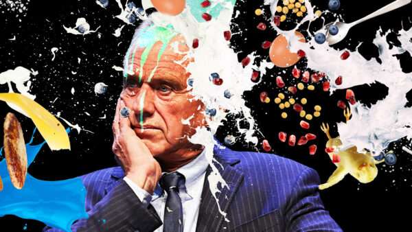 An illustration of Robert Kennedy Jr. being sprayed with fruit | Illustration: Joanna Andreasson; Source image: Gage Skidmore