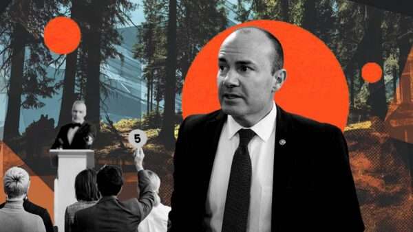Illustration of Sen. Mike Lee (R–Utah) standing in front of an auction of land | Illustration: Eddie Marshall | Lightfieldstudiosprod | Dreamstime.com | Bill Clark | CQ Roll Call | Newscom | Midjourney