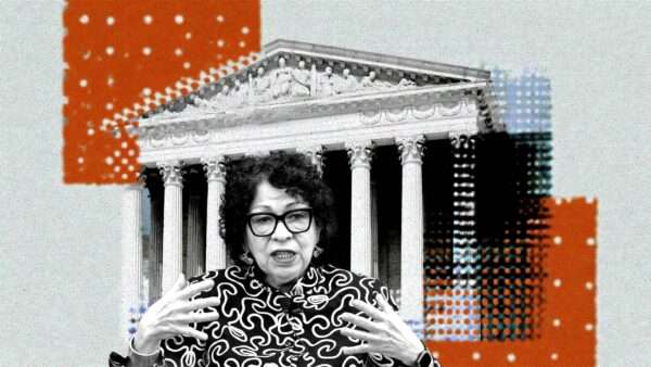 A black and white picture of Sonia Sotomayor in front of the U.S. Supreme Court building with a red, tan, and blue background | Illustration: Eddie Marshall | Matias J. Ocner | TNS | Newscom | Midjourney