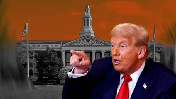 An orange tinted sky in the background with a picture of Harvard in black and white and a picture of Donald Trump pointing in the foreground | Illustration: Eddie Marshall | Marcos Souza | Dreamstime.com | Will Oliver | Pool via CNP | CNP | Polaris | Newscom