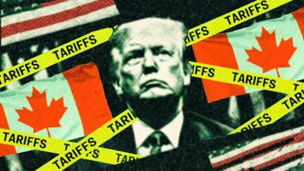 Illustration of President Donald Trump with the American and Canadian flags behind him covered in yellow tape with "tariff" written on it | Illustration: Eddie Marshall | Denys Kuvaiev | Dreamstime.com | ChatGPT | Midjourney