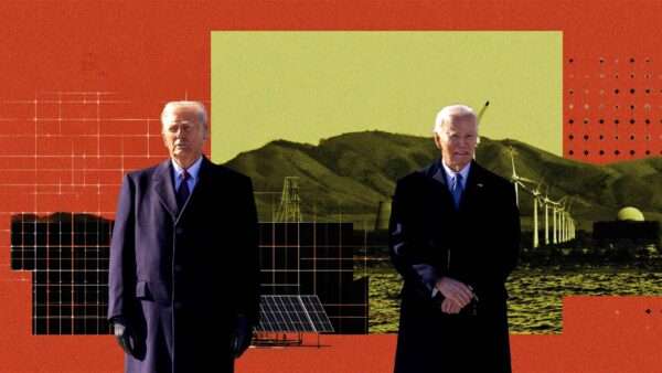 Trump on the left, Biden on the right, with a yellow and red background that includes mountains, wind turbines, and solar panels | Illustration: Eddie Marshall | Karen Ballard | ZUMAPRESS |Newscom | Midjourney