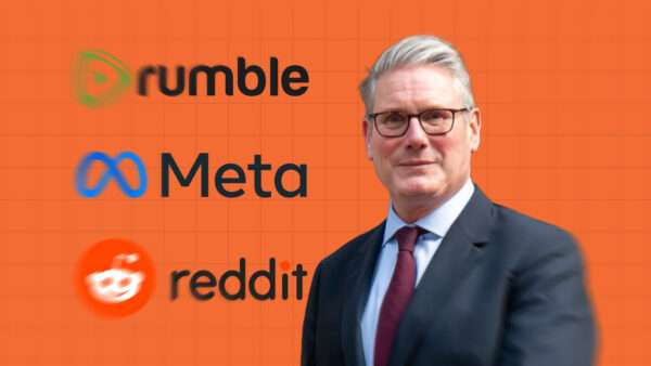 Rep. Jim Jordan (R–Ohio) with the logos of Rumble, Meta, and Reddit behind him | Illustration: Eddie Marshall | Martyn Wheatley | i-Images | Polaris | Newscom