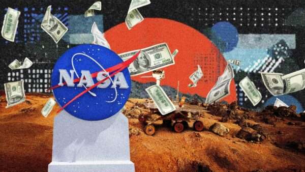 The NASA logo in front of a photo of Mars, with cash in the background | Illustration: Eddie Marshall | Maksym Velishchuk |James Group Studios, Inc. | Tomas Ondrejka | Dreamstime.com | Midjourney