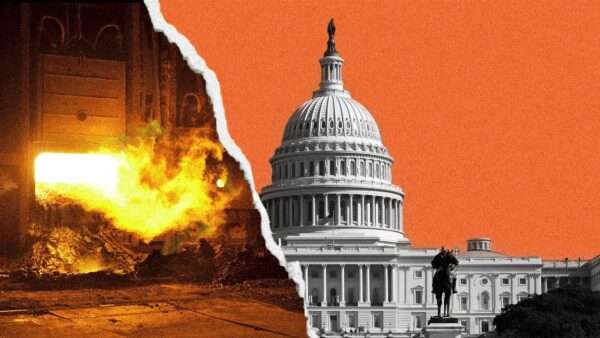 A fire is pictured next to the U.S. Capitol | Illustration: Eddie Marshall | Catherine Lall | Irochka | Dreamstime.com