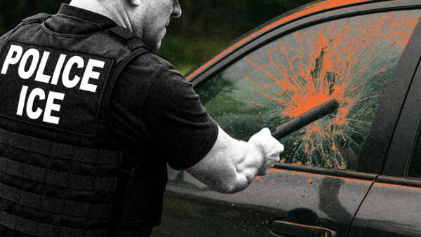 An illustration of an ICE agent smashing a car window | Illustration: Eddie Marshall | ChatGPT
