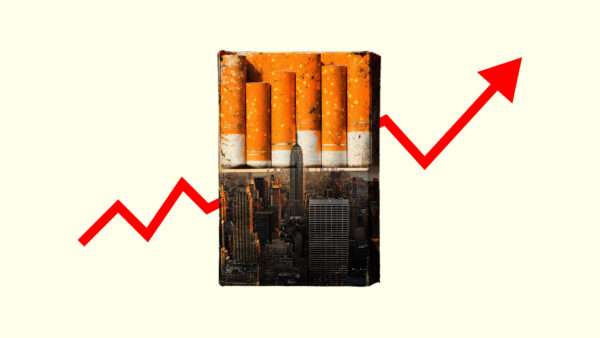 A pale yellow background with a carton of cigarettes and a red arrow pointing upward | Illustration: Eddie Marshall | Songquan Deng | Dreamstime.com | Midjourney